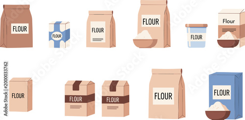 Flour Packaging Collection Featuring Various Paper Bags and Boxes with Food Containers in Flat Illustration Style for Grocery, Baking, and Kitchen Supply Design Concepts