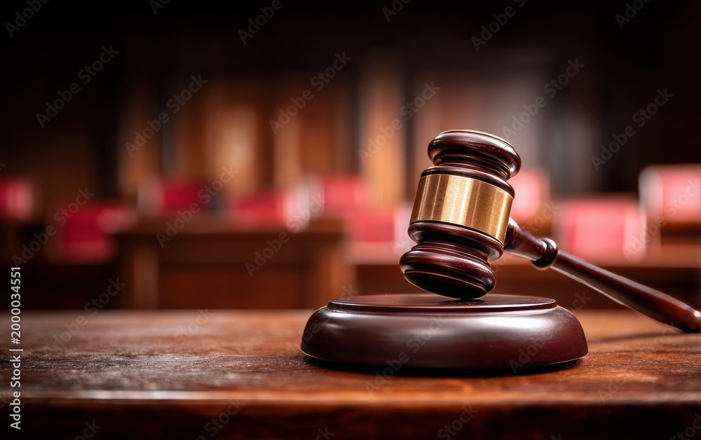 Obraz premium Close-Up of a Gavel on a Wooden Platform in an Empty Courtroom Setting