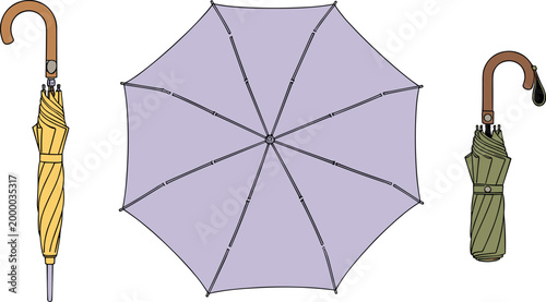 Classic Umbrella Set with Open and Closed Views in Yellow, Purple, and Green for Rain, Weather, and Fashion Design Projects