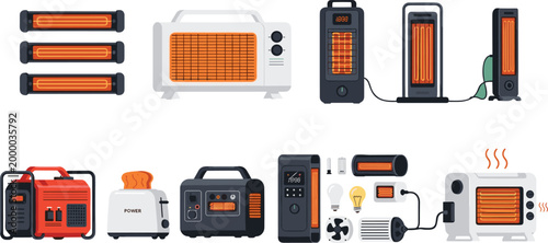 Electric Heater and Generator Collection Featuring Portable Power Devices, Radiators, and Heating Equipment in Flat Illustration Style for Energy, Winter, and Home Appliance Concepts