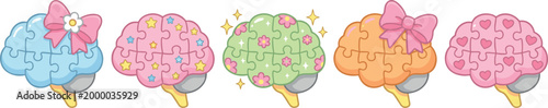 Kawaii Pastel Brain Puzzle Vector Set with Cute Bows Hearts and Stars for Mental Health Awareness