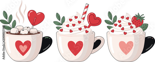 Cute Valentine Day Love Coffee Cup Set with Hearts, Marshmallow, Strawberry, and Whipped Cream for Romantic Greeting Design