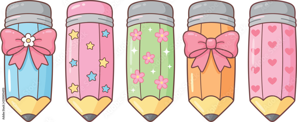 Fototapeta premium Kawaii Pastel Pencil Vector Set with Cute Pink Bows Hearts and Stars for School Stationery Design
