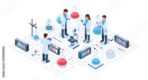 A team of scientists in a modern laboratory conducting experiments with beakers, test tubes, and microscopes, illustrating scientific research and discovery.