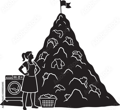 Silhouette of woman standing beside enormous pile of laundry, Generative Ai