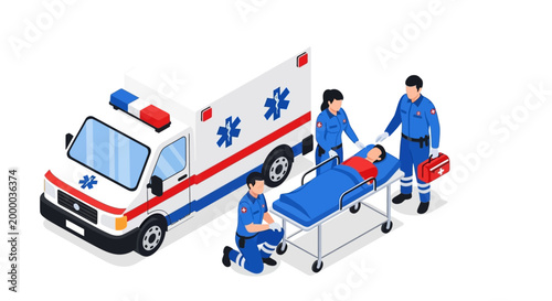 Paramedics in Uniforms Carefully Transporting a Patient on a Stretcher Next to an Ambulance.