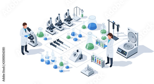 Scientists conducting experiments with microscopes, test tubes, and centrifuges in a modern laboratory setting, showcasing advanced research equipment.