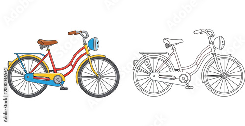 Cute Cartoon Bicycle Illustration with Colored and Black and White Line Art Version for Kids Coloring Page, Educational Materials and Vector Graphic Design