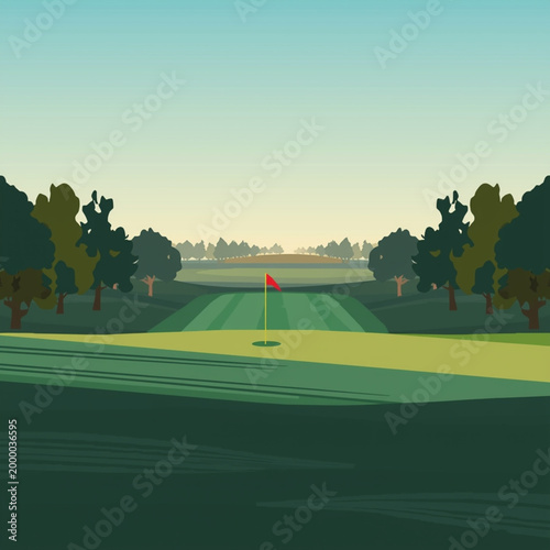 Golf course at sunset with green fairway and mountains