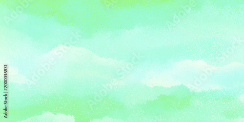 Soft watercolor background with green and blue hues and white clouds for design and decoration purposes