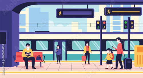 Commuters wearing protective face masks wait for an arriving train on a station platform while maintaining safe social distancing.