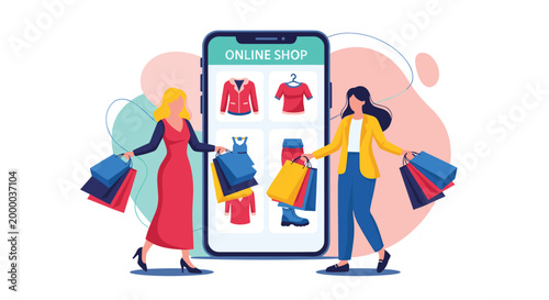 Two cheerful women carry shopping bags while standing next to a large smartphone displaying a popular online clothing store app.