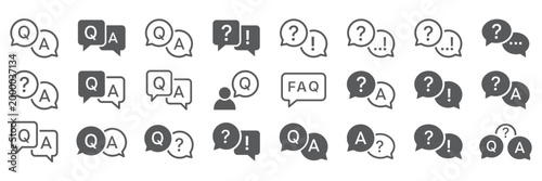 Customer Assistance and Troubleshooting Icon Collection - Set of FAQ Speak Bubbles, Q&A Text Boxes, and Support Help Icons for Information Desks, Instruction Manuals, and Digital Service Centers