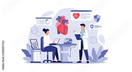 Professional cardiologist explains heart health and medical results to a female patient in a modern healthcare clinic environment.