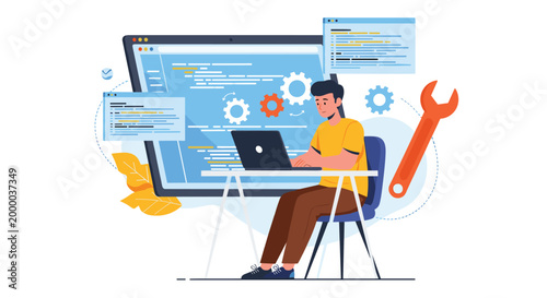 Skillful programmer writes code on a laptop while surrounded by floating digital screen icons and mechanical tools representing web development.