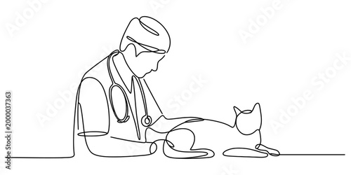 Continuous single line drawing of a male veterinarian doctor examining a small cat patient with a stethoscope during a routine medical check up
