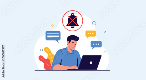 Focused employee works on his laptop with a do not disturb bell icon above him to ensure high productivity and deep concentration at work.