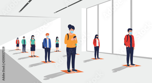 Diverse group of people wearing face masks maintain safe social distance while waiting in a modern public indoor space or lobby.