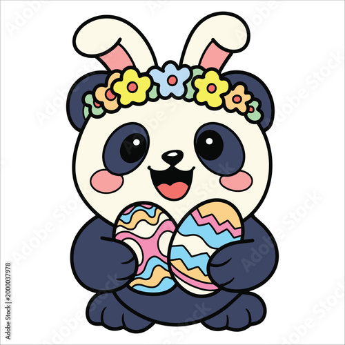 Cute panda bunny ears flower crown Easter eggs cartoon cheerful colorful spring
