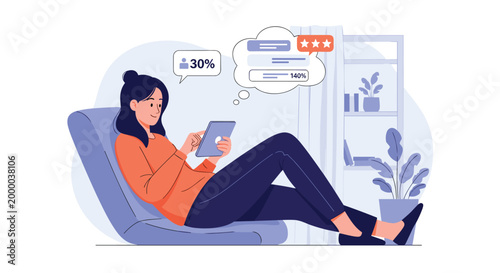 Young woman relaxes on a comfortable blue chair while using a tablet to view personal statistics or ratings in a modern apartment.