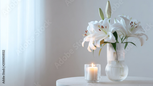 White lilies in glass vase with burning candle