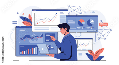 Expert data scientist analyzes complex business statistics and network graphs on multiple floating digital interface screens in his office.