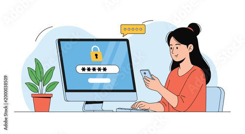 Woman securely logs into her computer using two-factor authentication by verifying her identity with a mobile phone application.