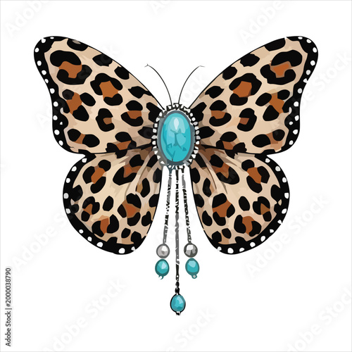 Leopard print butterfly brooch with turquoise gemstone and silver bead accents