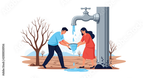 Concerned couple works together to catch precious falling water from a massive metal tap in a severely parched landscape.