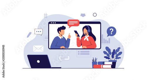 Remote customer support agent assists a client through a professional video call interface on a modern desktop computer.