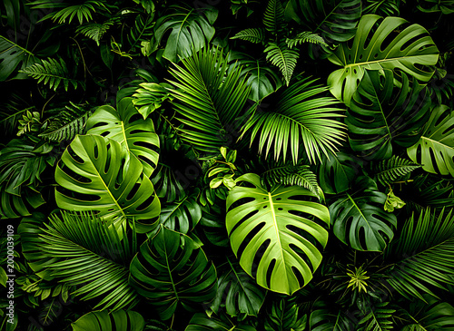 Vibrant green tropical leaves overlap in a dense jungle foliage background with natural light