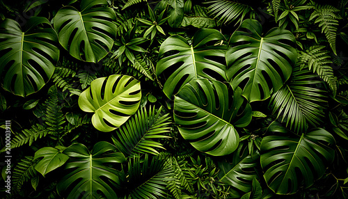 Vibrant green tropical leaves overlap creating a lush dense foliage background with natural light