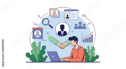 Modern human resources specialist manages employee recruitment and talent acquisition using his laptop in a bright office space.