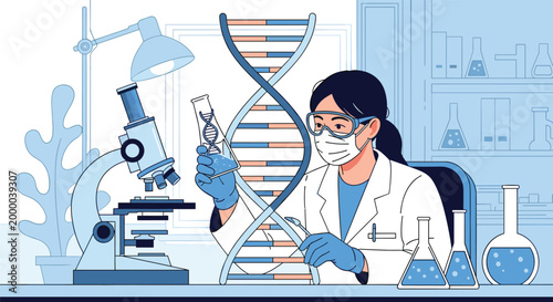 Professional scientist wearing protective gear conducts genetic research by studying a large DNA double helix model in a lab.