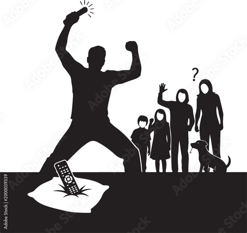 Silhouette of a man smashing tv with family in silhouette, Generative Ai