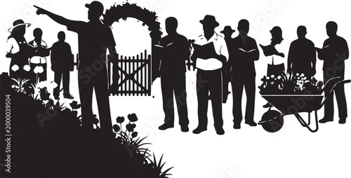 Silhouette of people standing in front of a large house with a gate, Generative Ai