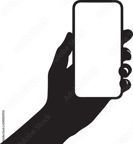 Black silhouette of hand holding smartphone white background