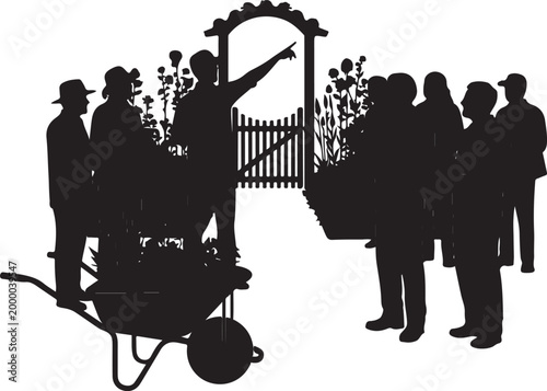 Silhouette of a group gathered around a hearse at a cemetery gate, Generative Ai