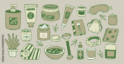 Self Care, Wellness, Skincare and Spa Kit Set. Organic Natural Cosmetics, Bottles and Tube, Sleep Mask, Massage Roller Candle, Book and Flowerpot. Isolated Green hand-drawn Doodle. Vector Illustration