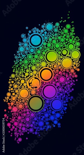 Multicolored circles form an abstract, irregular shape against a dark background