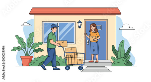 Friendly delivery man uses a cart to bring multiple cardboard boxes to a female customer at her modern residential home.