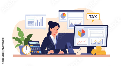 Female accountant manages tax filings and financial reports while using multiple computer monitors and a desk calculator.