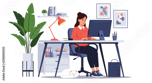 Dedicated female freelancer works on her desktop computer in a cozy home office while her white cat sleeps peacefully below.