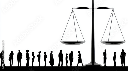 Equality balance justice scale silhouette crowd diversity fairness people line Large justice scale with equality balance concept, diverse silhouette crowd of people line, symbol of fairness, law