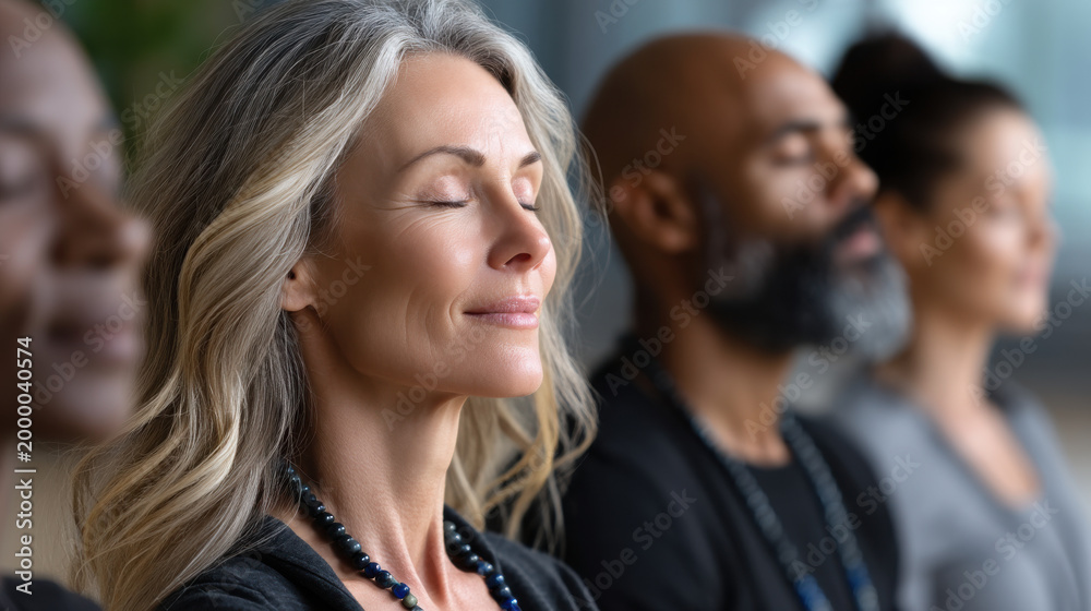 Obraz premium Meditation group harmony calm diverse adult peaceful serene mindfulness wellness group meditation harmony calm diverse adult peaceful serene mindfulness wellness practice studio setting with soft