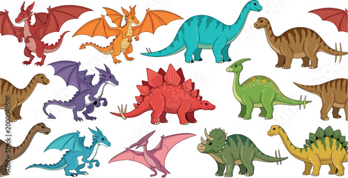 Colorful Cartoon Dinosaur and Dragon Character Set with Stegosaurus, Brachiosaurus, Pterodactyl, and Triceratops for Kids Prehistoric Design