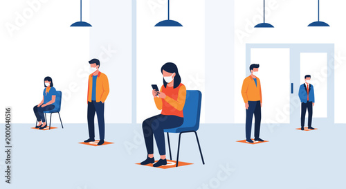 Group of people wearing face masks sits in chairs while maintaining social distancing in a public waiting room or office lobby.