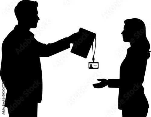 Silhouette of a Male Manager Handing an ID Badge and Tablet to a Female Employee on White Background