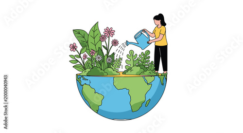 Environmental activist woman stands on top of a half-globe while watering a lush garden of plants growing from the planet.