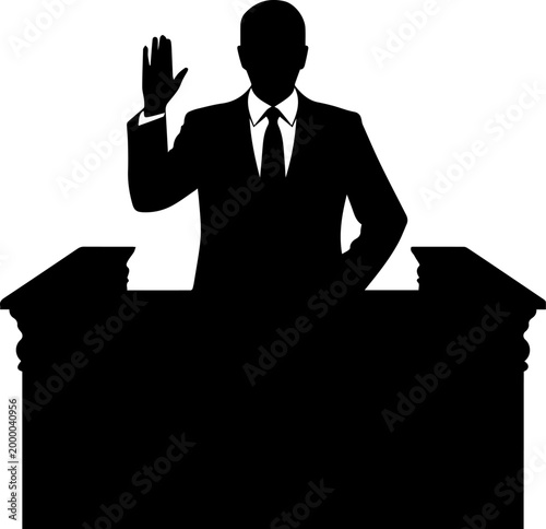 Silhouette of a Man in a Suit Raising Hand to Take an Oath Behind a Podium Vector Illustration
